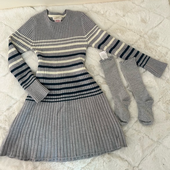 Cynthia Rowley Other - Girls Sweater Dress & Knee Socks Set Gray Striped Size 7/8 Cozy Outfit